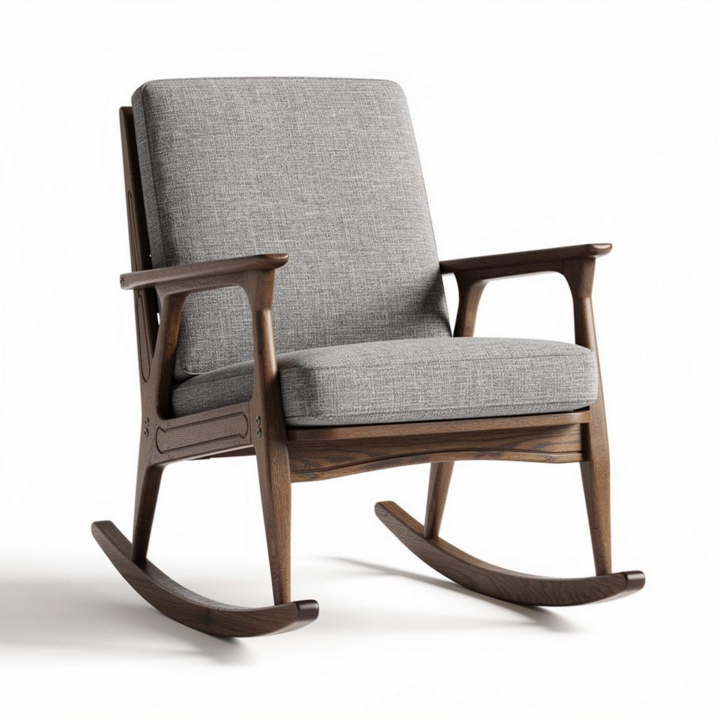 Schommelstoel van hout met grijze stoffen bekleding 80 x 65 x 90cm