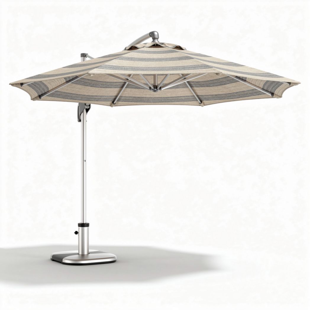 Parasolscherm met een diameter van 250 cm in beige en grijs gestreept katoen en aluminium voet