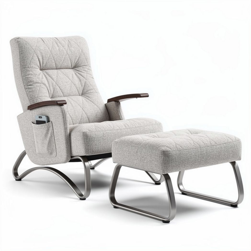Relaxfauteuil met bijpassende poef van stof en metalen frame in beige