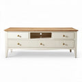 Witte tv-meubel met houtlook blad en lades van 150 x 40 x 45cm