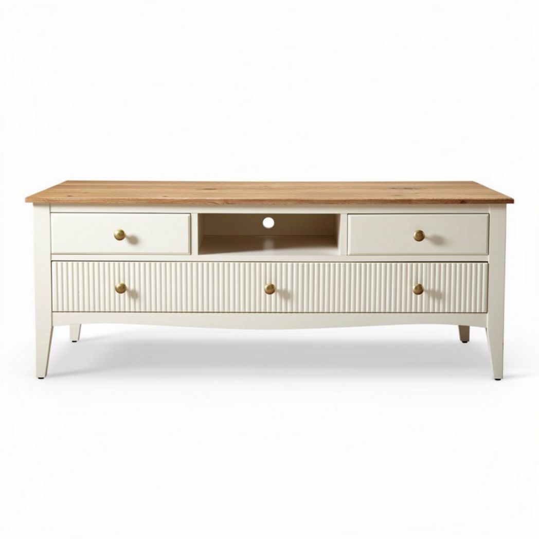 Witte tv-meubel met houtlook blad en lades van 150 x 40 x 45cm