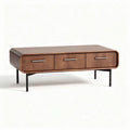 Lage houten salontafel met drie lades en metalen poten 120 x 60 x 40cm