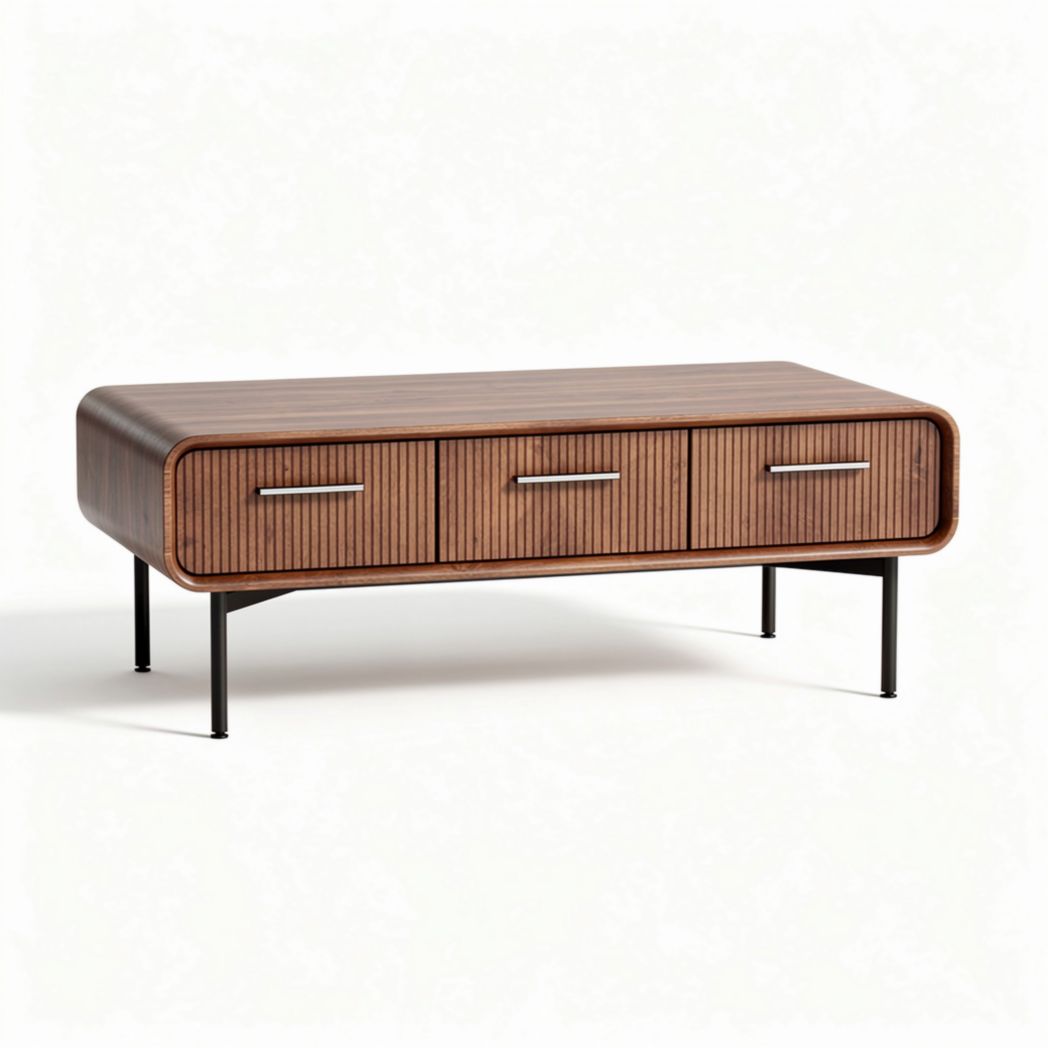 Lage houten salontafel met drie lades en metalen poten 120 x 60 x 40cm